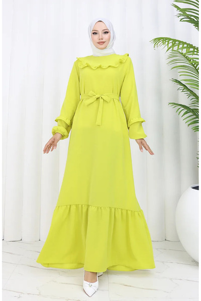 sefamerve Аеробін Тканина Фрівольна Детальна Сукня 0023-10 Оливкова Зелена