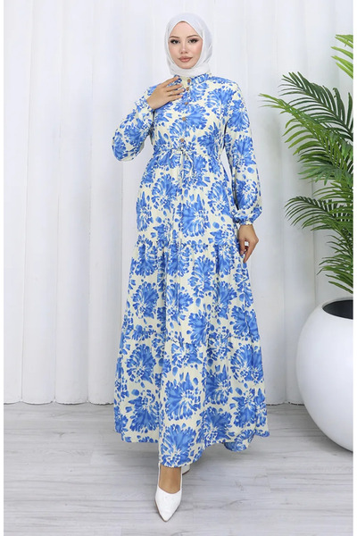 sefamerve فستان هاكم ياكا برباط على الخصر ونقشة 0192-02 نيلي