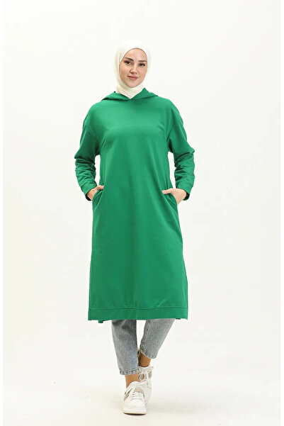 sefamerve Kapüşonlu Spor Tunik 3007-25 Çimen Yeşili