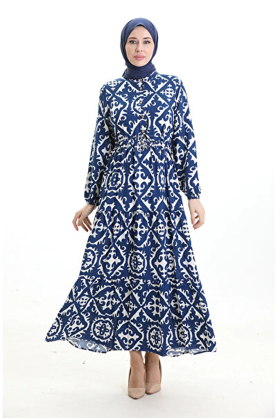 sefamerve Φόρεμα από ύφασμα βισκόζης με κορδόνια στη μέση 7134-05 Μπλε