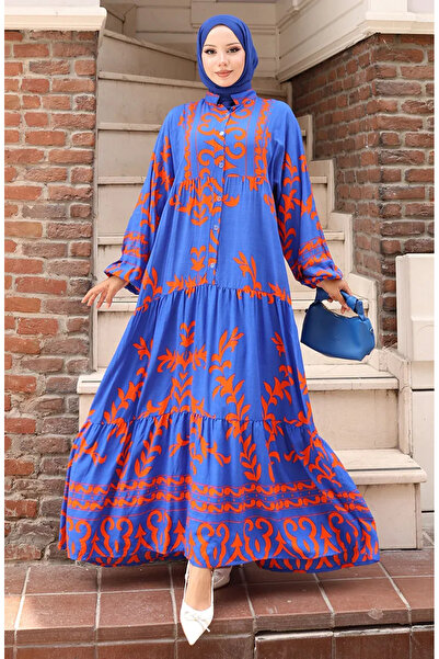 sefamerve فستان من قماش الفيسكوز نصف أزرار 2081-05 ساكس برتقالي