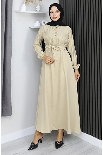 sefamerve Φόρεμα με ζώνη με μισό κουμπί από ύφασμα Belmando 2166-05 Μπεζ