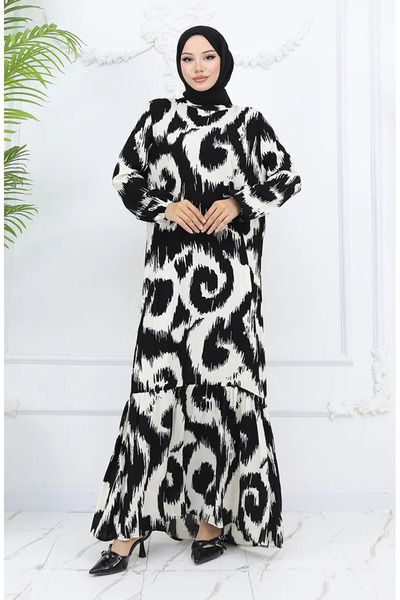 sefamerve Φόρεμα με σχέδιο από ύφασμα βισκόζης 2019-03 Μαύρο και άσπρο