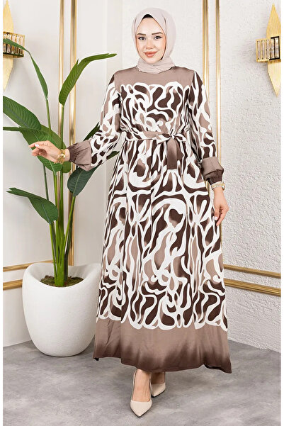 sefamerve Patterned Dress with Elastic Waist 7127-01 Brown