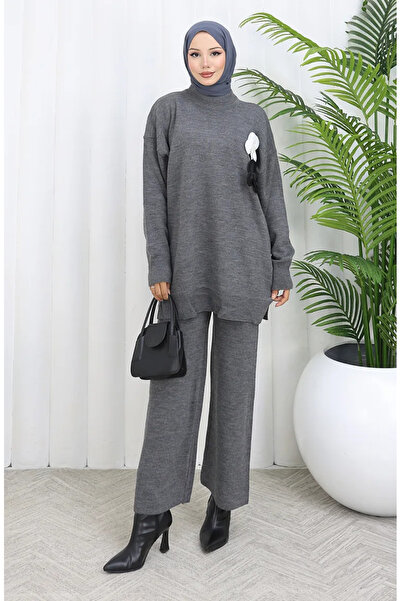 sefamerve طقم مكون من بنطلون تريكو وياقة صياد مكون من قطعتين 1015-03 رمادي