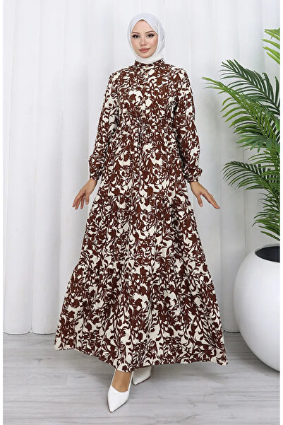 sefamerve Φόρεμα με κορδόνια με μοτίβο με λαιμόκοψη 0190-03 Καφέ