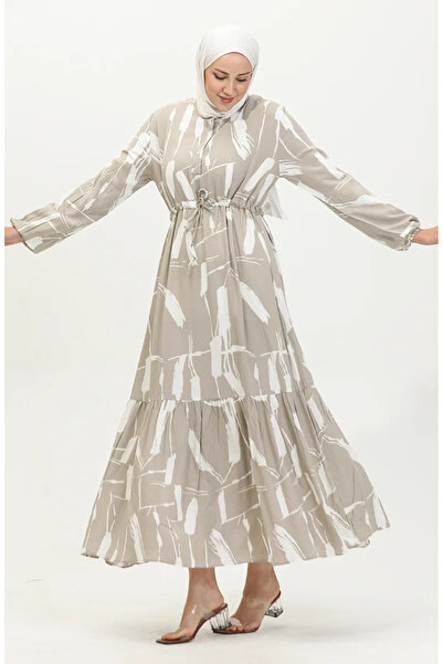 sefamerve Φόρεμα βισκόζης χρώματος βιζόν - μοτίβο πινέλου και κορδόνι 81869-02