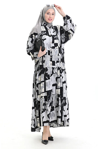 sefamerve فستان منقوش بنصف أزرار 2067-02 أسود رمادي