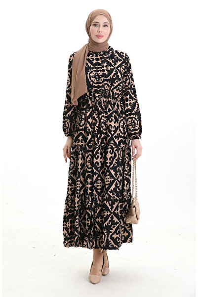 sefamerve Rochie din țesătură de viscoză cu șireturi în talie 7134-02 Mink