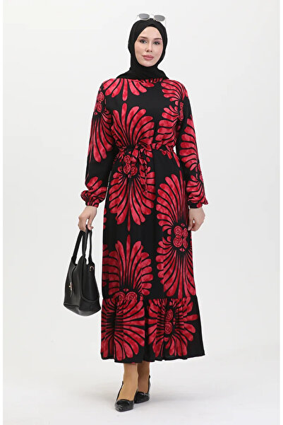 sefamerve Eteği Fırfırlı Kemerli Elbise 50171-06 Bordo