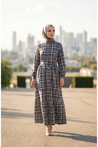 sefamerve Plaid Patterned Belted Hijab Dress 2218-01 Navy Blue