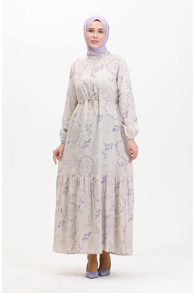 sefamerve Μπεζ λιλά λινό φόρεμα - Μπροστινά κουμπιά και δαντέλα 0520C-03