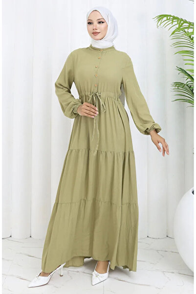 sefamerve Φόρεμα με μισό κουμπί από ύφασμα βισκόζης 0085-06 Χακί