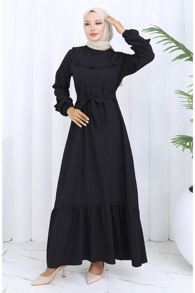 sefamerve Βολάν Φόρεμα Ζώνης 2116-04 Μαύρο