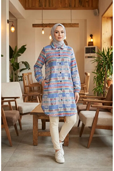 sefamerve Ethnic Patterned Buttoned Lumberjack Winter Tunic 2504-03 Indigo Red