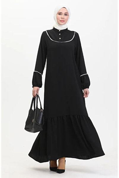 sefamerve Μαύρο Κεντημένο Φόρεμα - Ελαστικό Μανίκι, Μοντέλο 0470-01