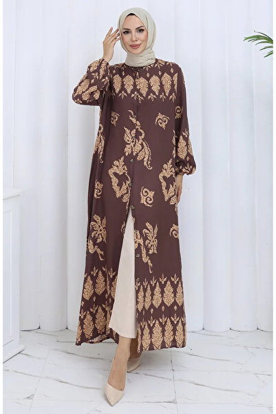 sefamerve فستان بأزرار منقوشة 2125-03 بني بيج