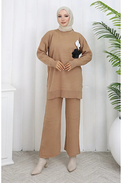 sefamerve Knitwear Turtleneck Tunic Trousers Double Suit 1015-07 Milky Coffee