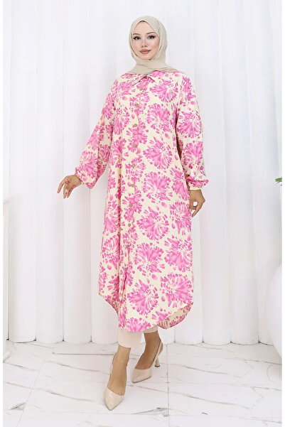 sefamerve Viskon Kumaş Boydan Düğmeli Uzun Tunik 0174-04 Fuşya