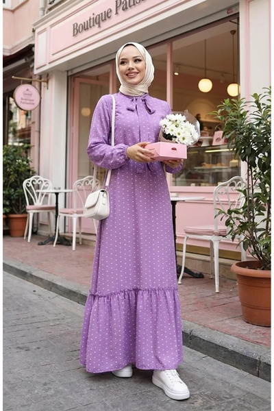 sefamerve Pıtpıt Desenli Kuşaklı Elbise 0383-05 Lila