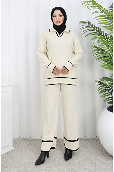 sefamerve Knitwear Corded Fabric Sweater Trousers Double Set 0010-07 Beige
