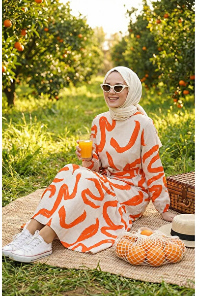 sefamerve 0471A-07 موديل فستان كتان بيج برتقالي منقوش