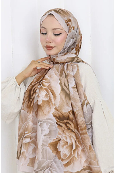 sefamerve Βαμβακερό σάλι με σχέδιο κουσουρίστρα 70322-11 Πέτρινο καφέ γάλακτος