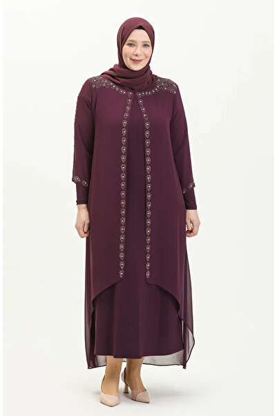 sefamerve Βραδινό φόρεμα με στάμπα με πέτρα σε μεγάλο μέγεθος 5066A-03 Μωβ