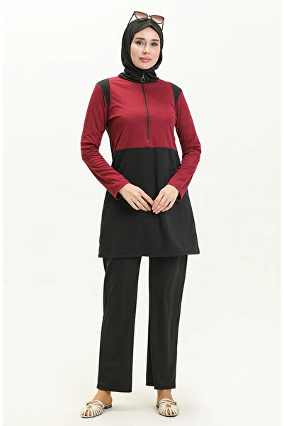 sefamerve Μαγιό Hijab Claret Red Black με φερμουάρ - 2317-03
