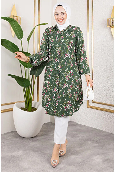 sefamerve Asel Çiçekli Viskon Tunik 0174-01 Haki