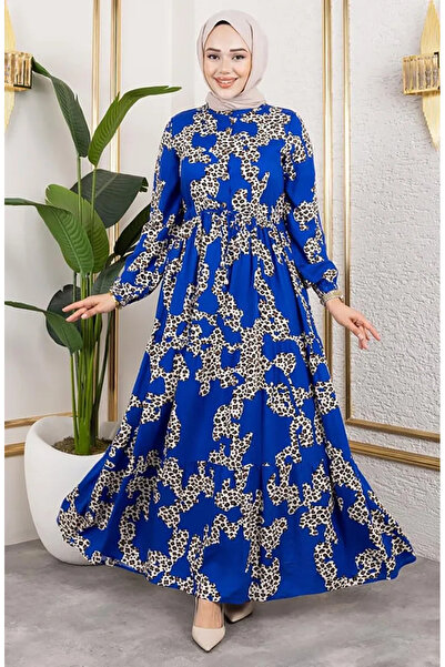 sefamerve فستان فيسكوز بنقشة الفهد 7135-02 أزرق