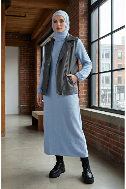 sefamerve Χειμερινό φόρεμα από υφασμένο πλεκτό ύφασμα 2511-01 Μπλε