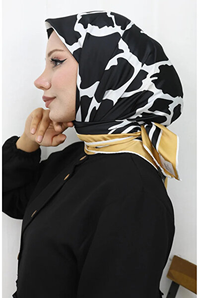 sefamerve Ψηφιακό κασκόλ από ρεγιόν 70309-08 Μαύρο Χρυσό