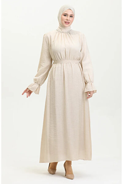 sefamerve Φόρεμα Lurex με λινό φύλλο - 81853-04 Κρέμα