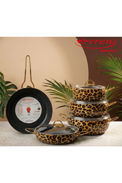 Evren طقم أواني طهي من 9 قطع بتصميم جلد الفهد، بقاعدة غير لاصقة