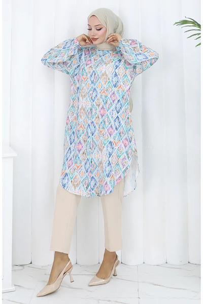 sefamerve Τουνίκ με έθνικ σχέδιο Plus Size 3025-03 Μπλε