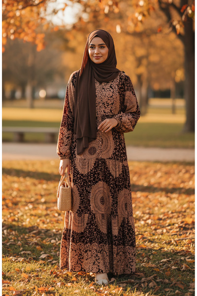 sefamerve Etnik Desen Kat Kat Viskon Tesettür Elbise 2199-01 Sütlü kahve Bordo