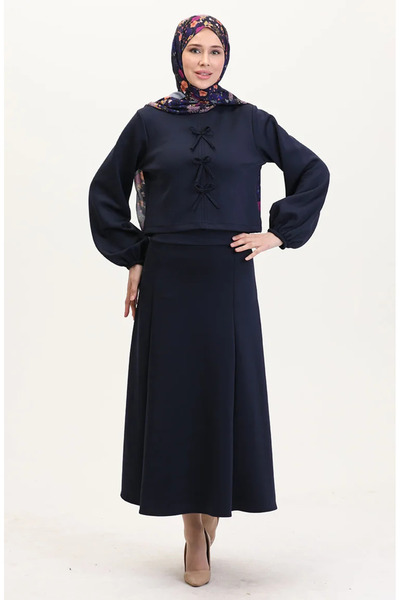 sefamerve Navy Blue Scuba Υφασμάτινη Μπλούζα Φούστα Διπλό Σετ 0021-01