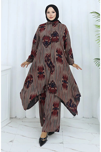 sefamerve Παντελόνι από ύφασμα βισκόζης Τουνίκ Διπλό Σετ 2143-04 Πλακάκι