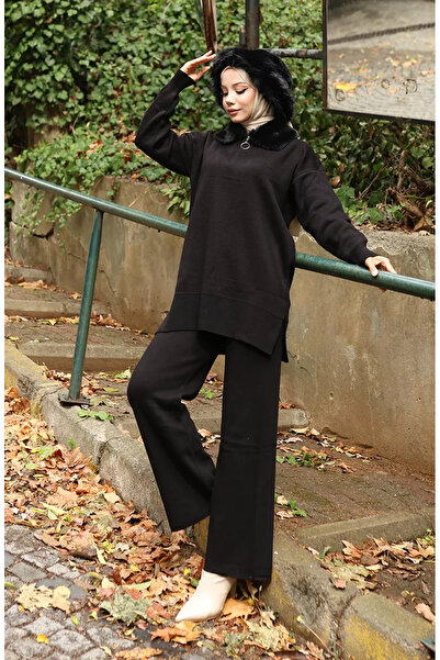 sefamerve طقم مكون من قطعتين من سروال تونيك وياقة من الفرو 1059-03 أسود