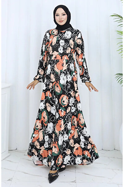 sefamerve Φόρεμα από βαμβακερό χτενισμένο σχέδιο 2135B-01 Μαύρο Μωβ