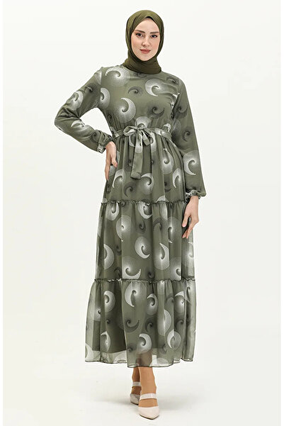 sefamerve Φόρεμα σιφόν χακί - με μοτίβο και φύλλο, μοντέλο 81835-03