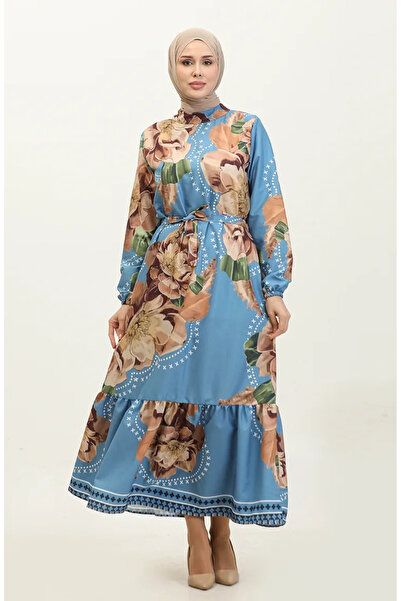 sefamerve Μπλε Καφέ Κρεπ Φόρεμα - Floral Pattern, Μοντέλο 0350-01