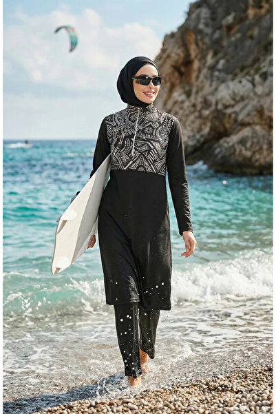 sefamerve Etnik Desenli Likralı Tesettür Mayo 2313-01 Siyah