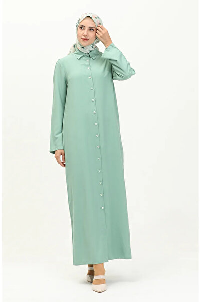 sefamerve فستان فيسكوز أخضر مائي 5109-02 - أكمام برباط وأزرار