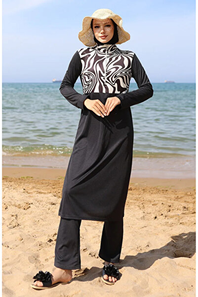 sefamerve Desenli Fermuarlı Tesettür Mayo 2507-01 Siyah Beyaz