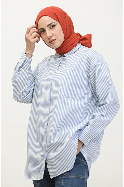 sefamerve Μπλε ριγέ πουκάμισο oversize - 4803-01