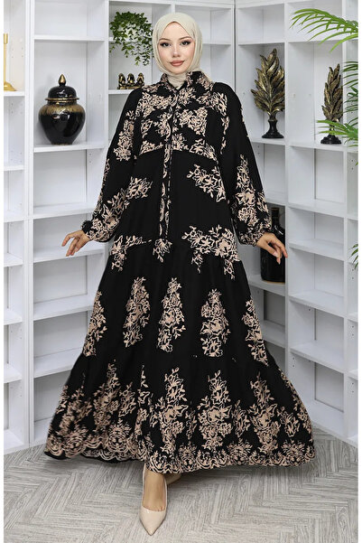 sefamerve Φόρεμα με μισό κουμπί από ύφασμα βισκόζης 2044-03 Μαύρο