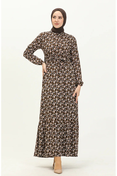 sefamerve Μαύρο κίτρινο φόρεμα με φλοράλ στάμπα - 4066-10