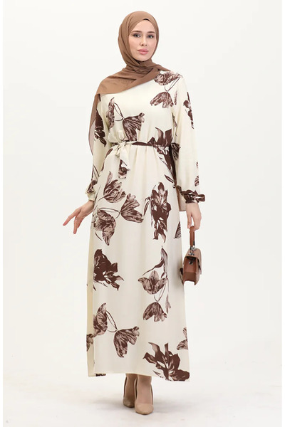 sefamerve Φόρεμα βισκόζης με σχέδιο 0022-04 Κρεμ & Καφέ